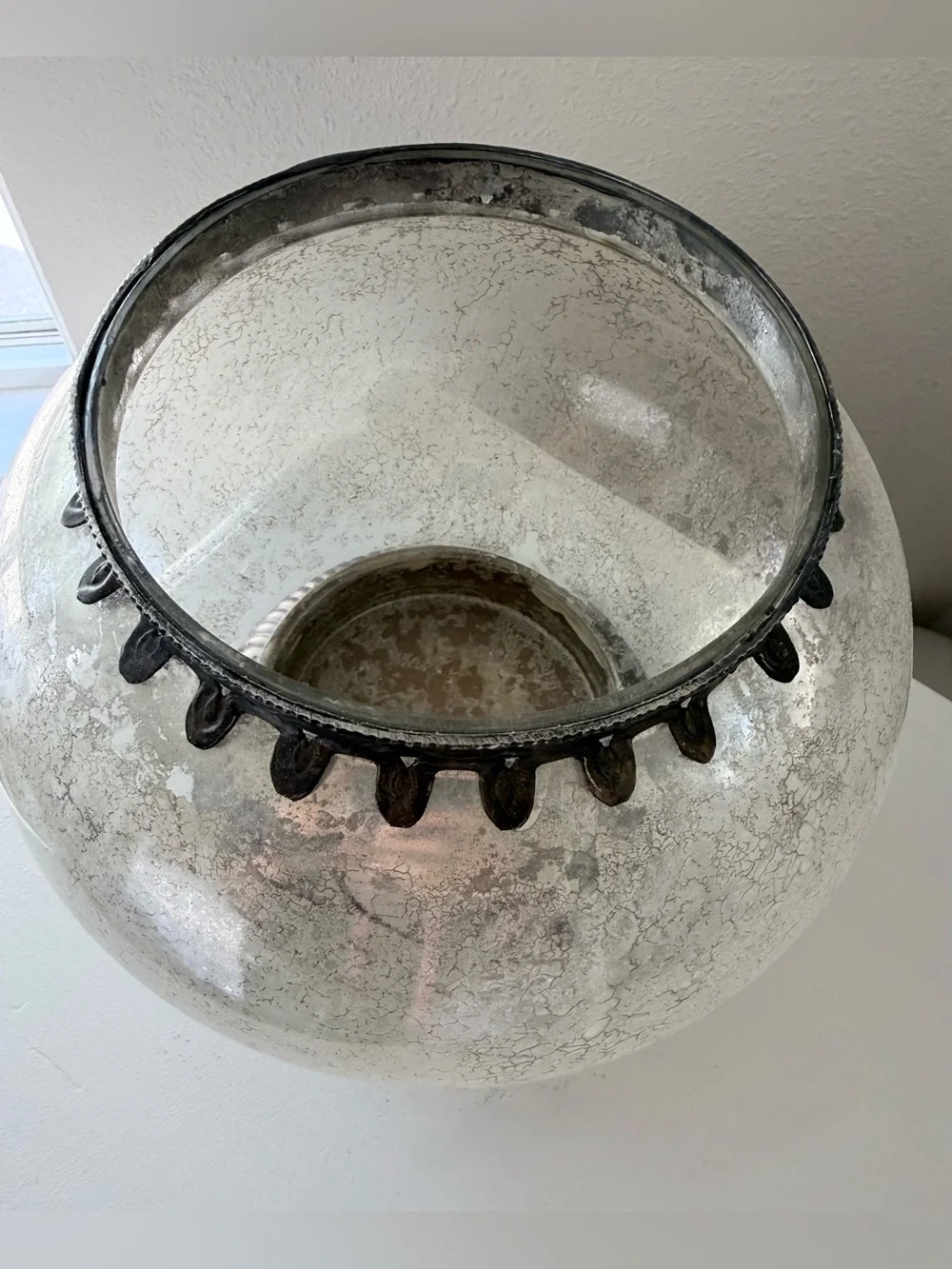 Pottery Barn | Serena Mercury Glass Large Crackle Finish Vase Metallic Rim Base